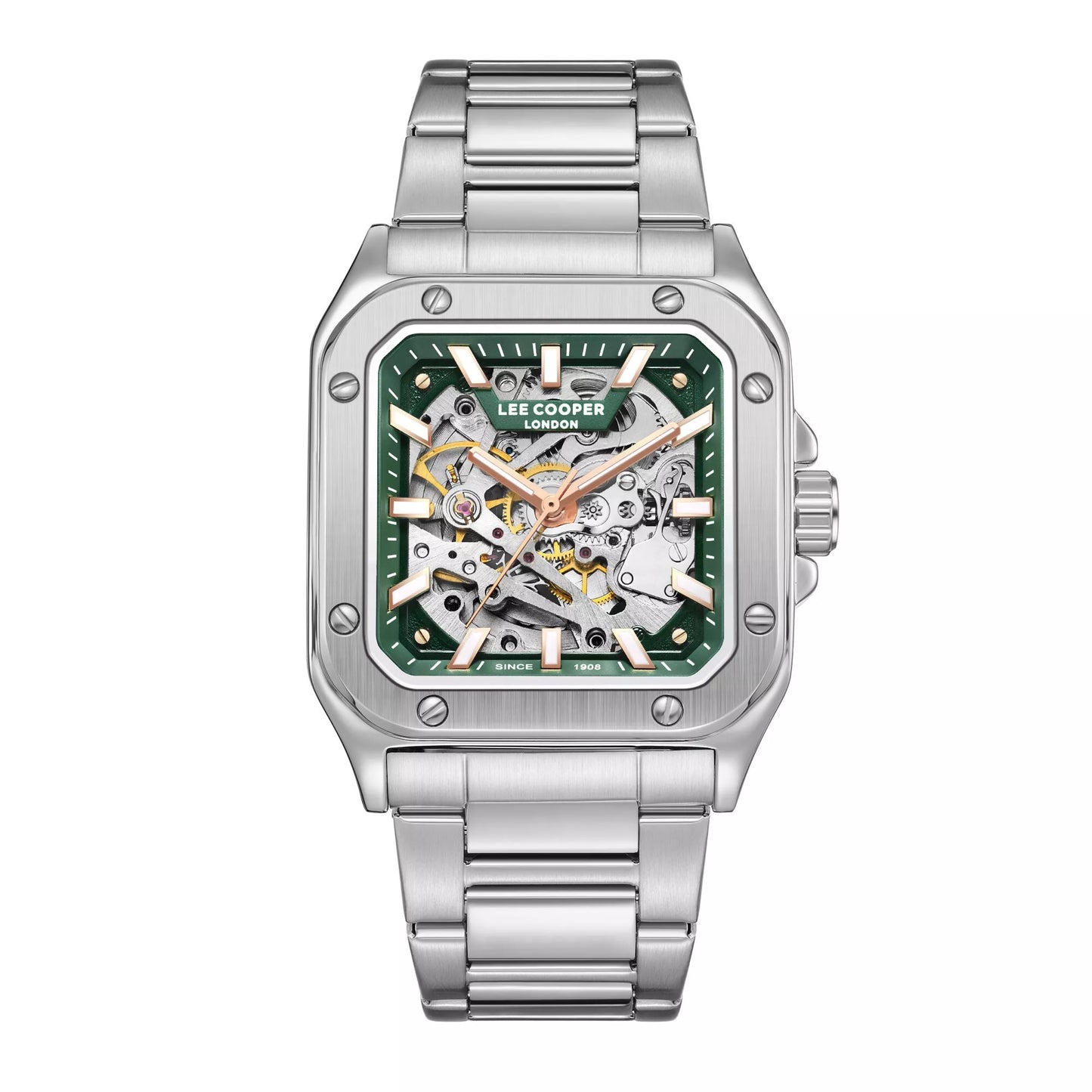 LeeCooper – EDWARD – LC08198 – Montre Homme – Analogique Mouvement Squelette Automatique – Boitier carré en métal argenté – Cadran squelette