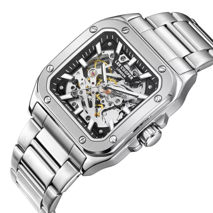 LeeCooper – EDWARD – LC08198 – Montre Homme – Analogique Mouvement Squelette Automatique – Boitier carré en métal argenté – Cadran squelette