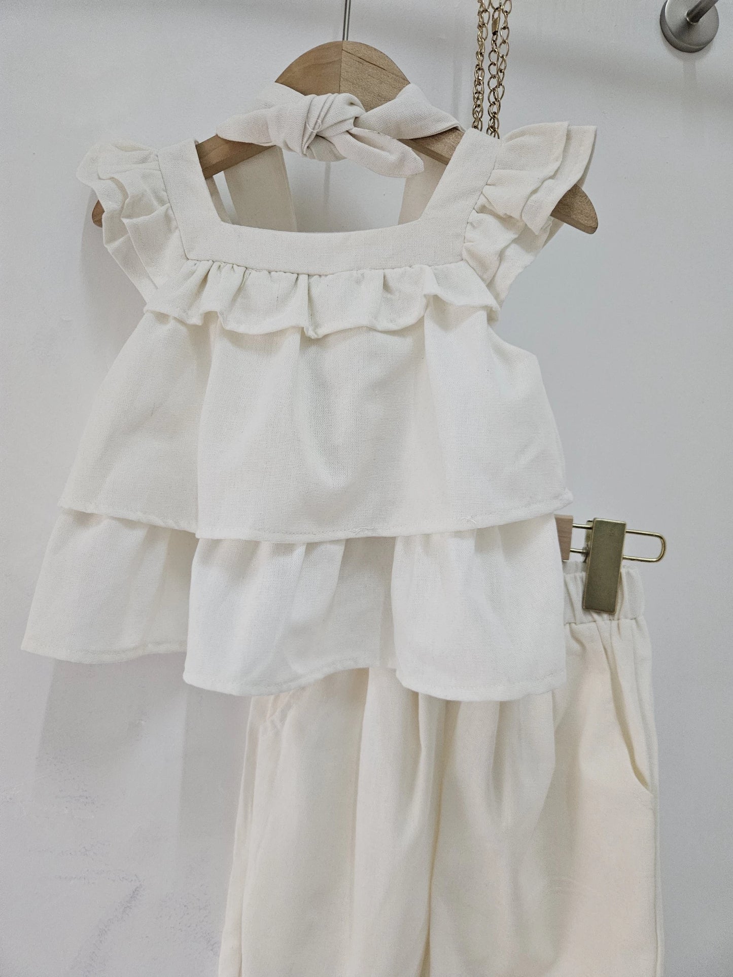 Ensemble Top Volants Sans Manche Avec Pantalon Ample Uni Et Bandeau Fille