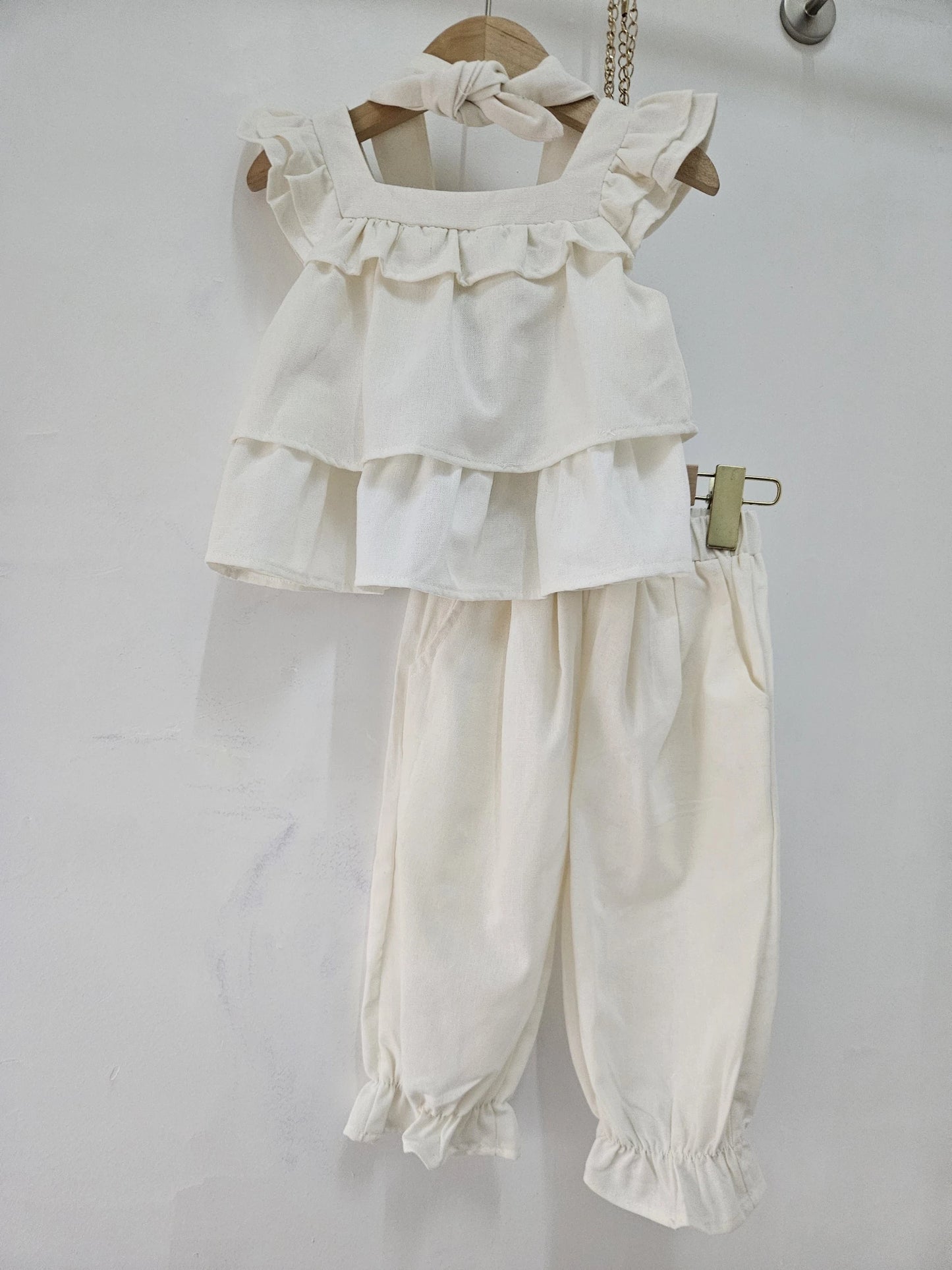 Ensemble Top Volants Sans Manche Avec Pantalon Ample Uni Et Bandeau Fille