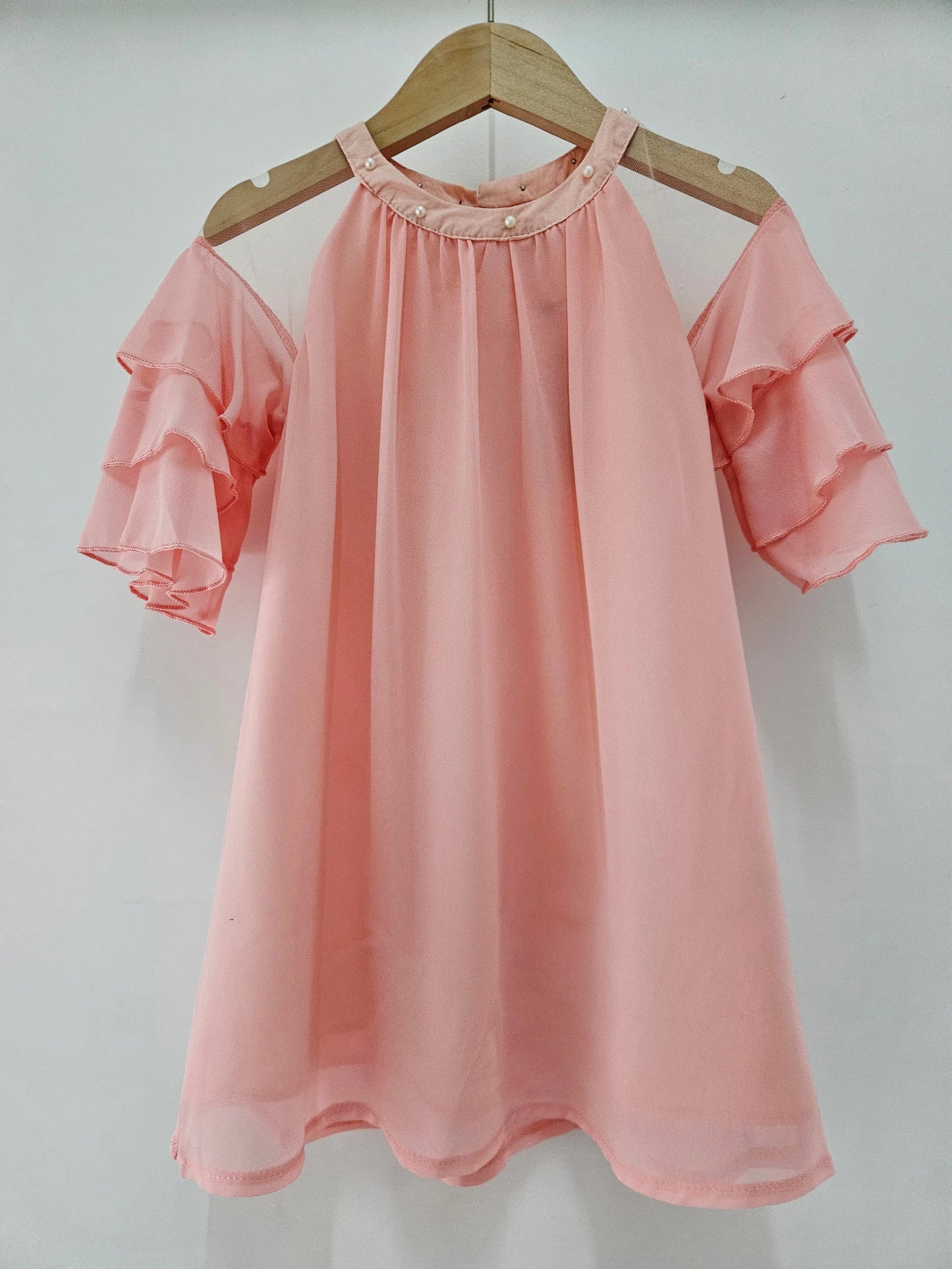 Robe Uni Perles Fluide Epaules Dénudées Manches Volants Légère Fille