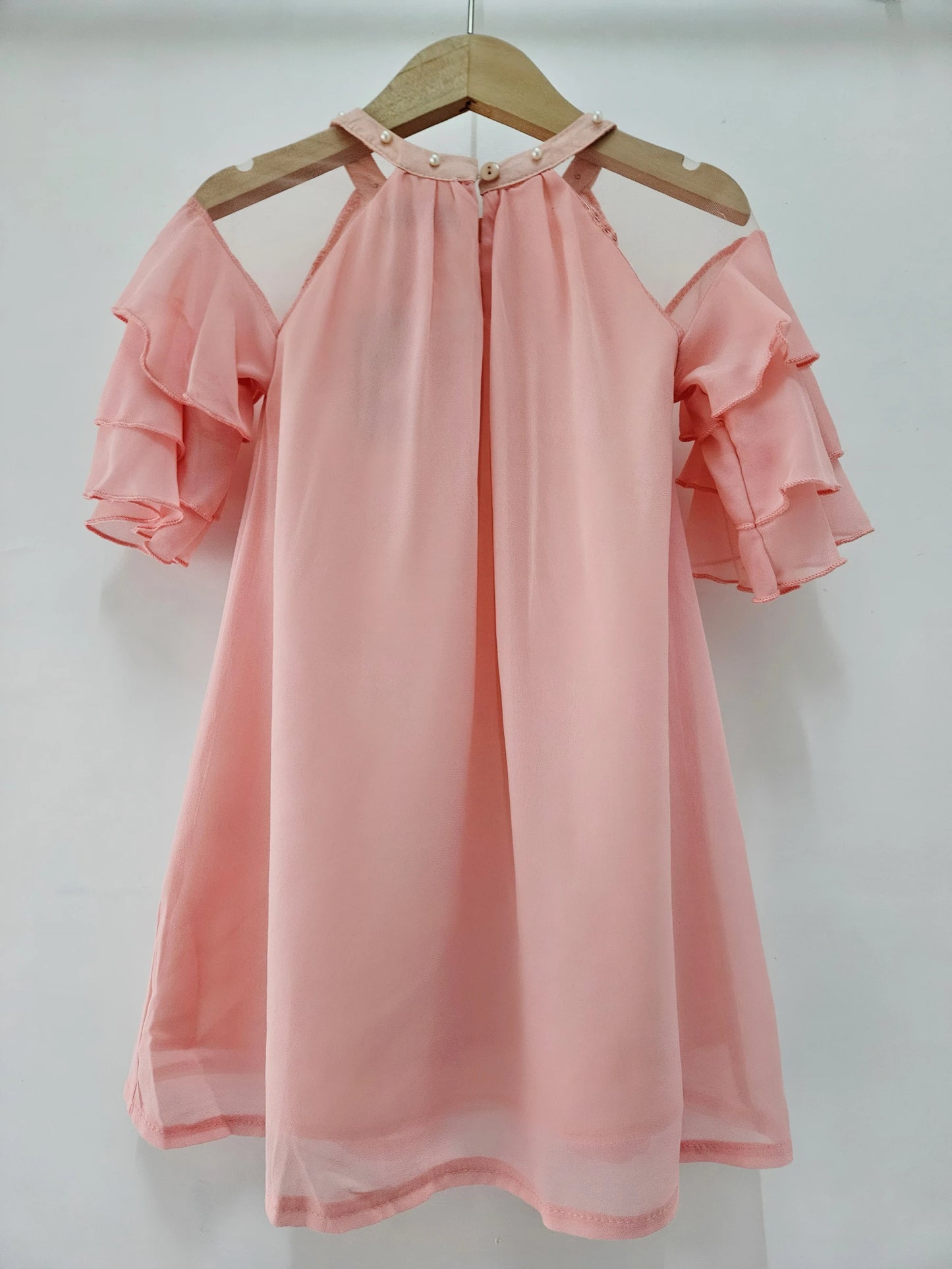 Robe Uni Perles Fluide Epaules Dénudées Manches Volants Légère Fille