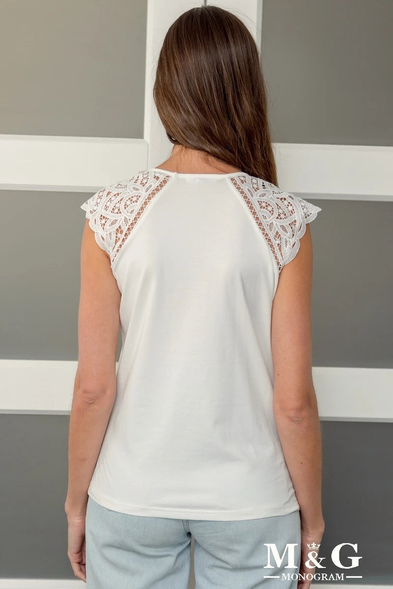 T-shirt Col V sans manches avec dentelle
