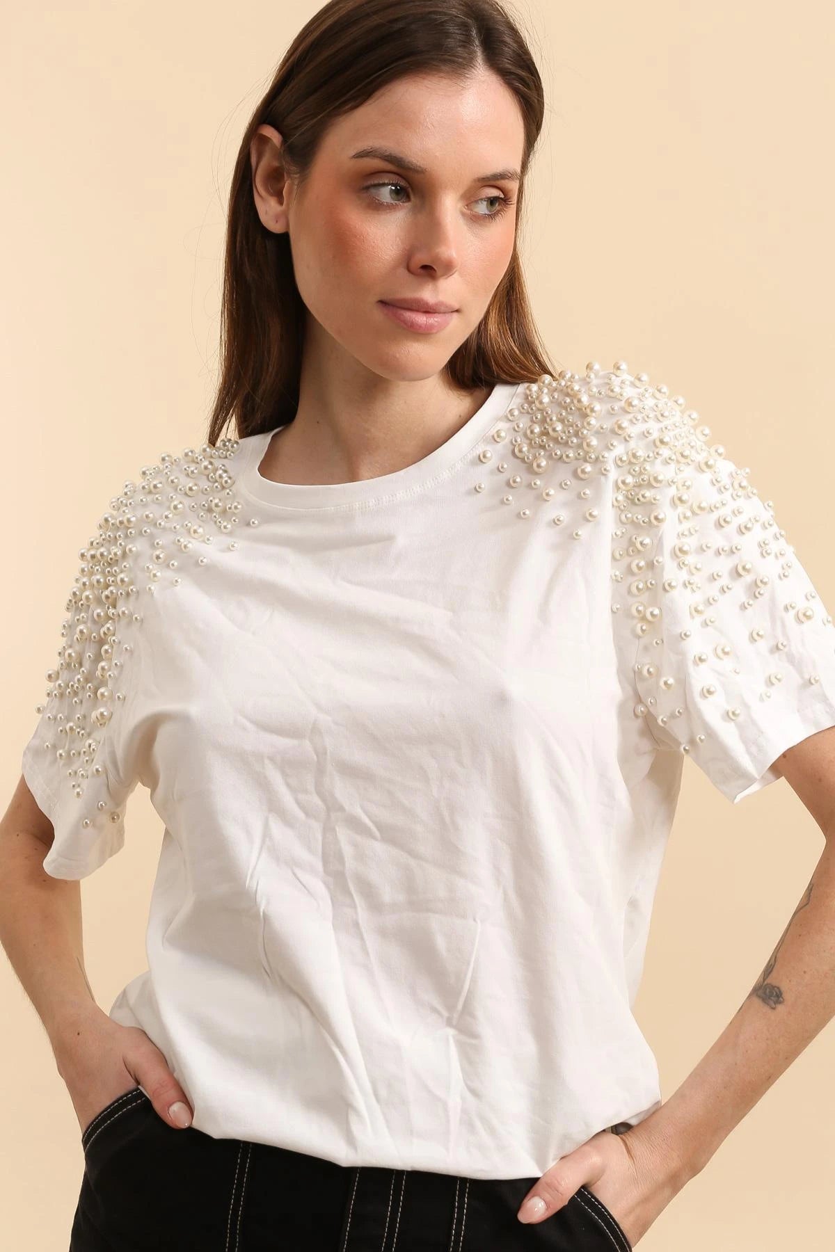 T-shirt en coton avec perles féminin