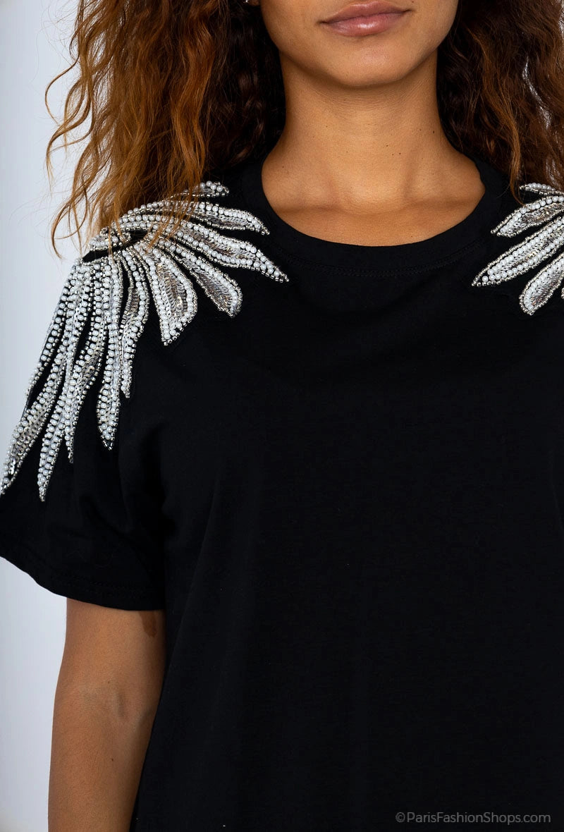 T-shirt en coton avec strasses et perles ailes d'ange