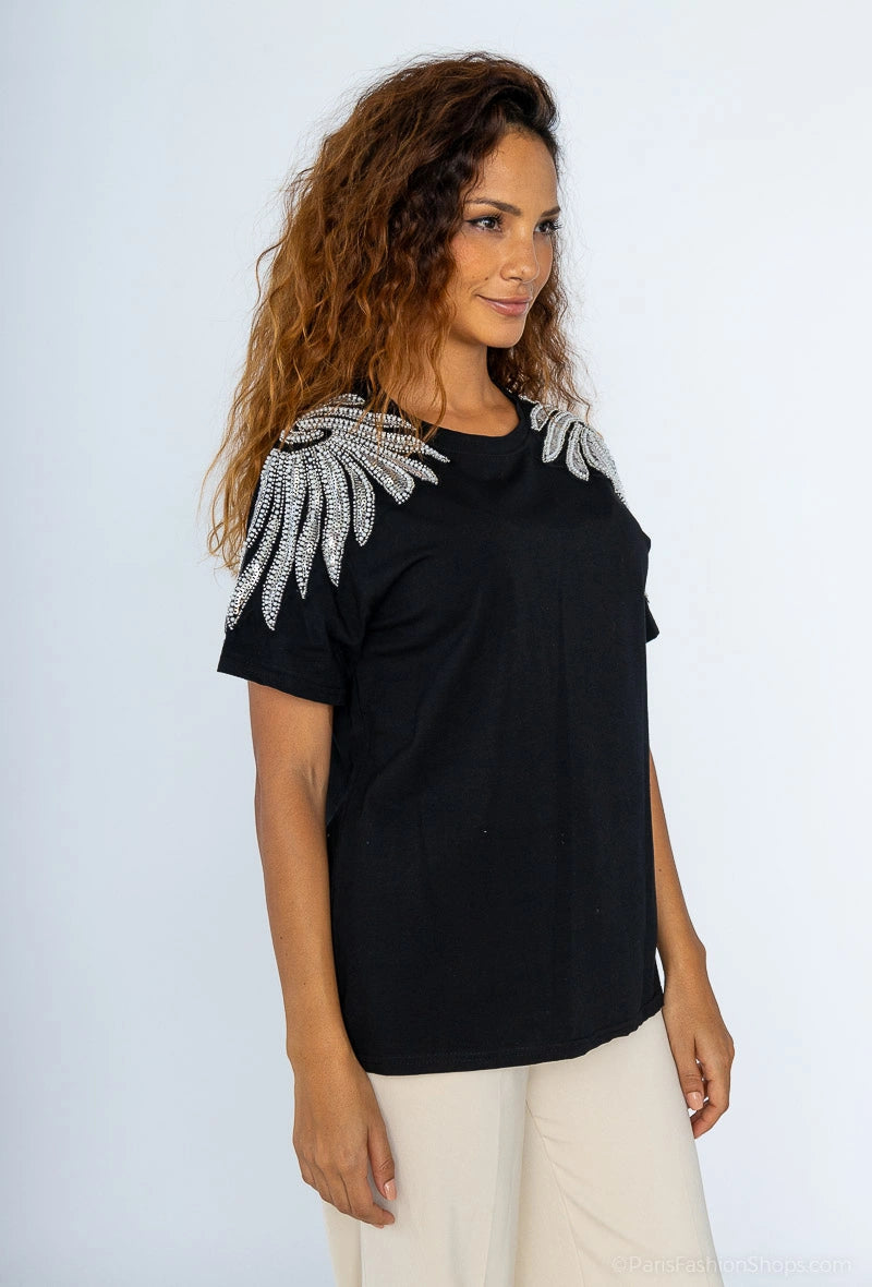T-shirt en coton avec strasses et perles ailes d'ange