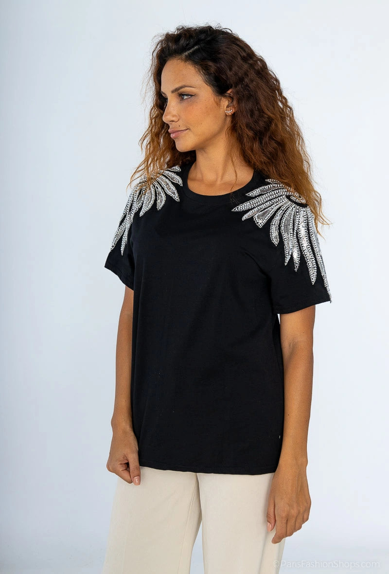 T-shirt en coton avec strasses et perles ailes d'ange