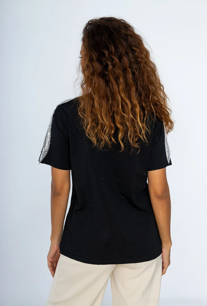 T-shirt en coton avec strasses et perles ailes d'ange
