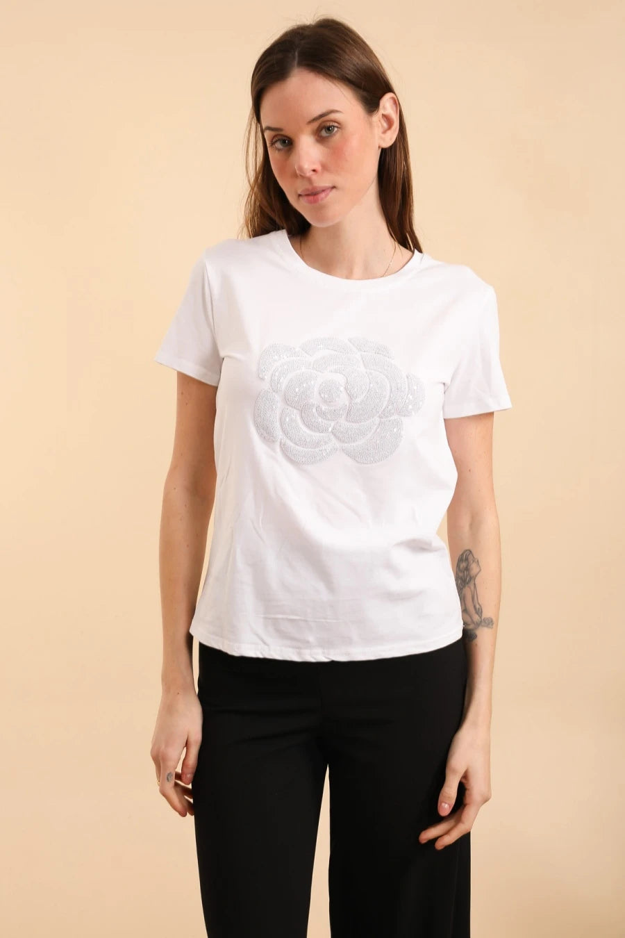 T-shirt en coton fleur roses en sequin