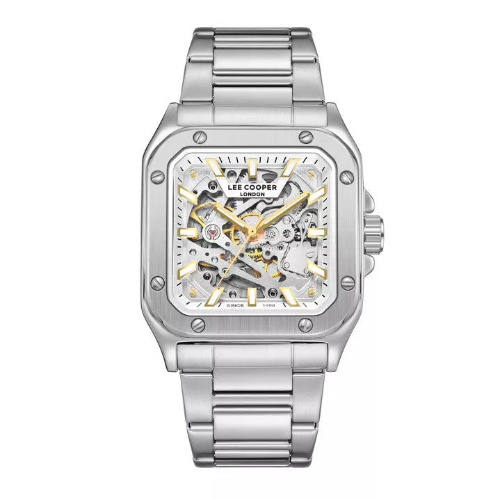 LeeCooper – EDWARD – LC08198 – Montre Homme – Analogique Mouvement Squelette Automatique – Boitier carré en métal argenté – Cadran squelette