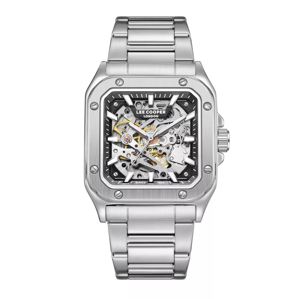 LeeCooper – EDWARD – LC08198 – Montre Homme – Analogique Mouvement Squelette Automatique – Boitier carré en métal argenté – Cadran squelette