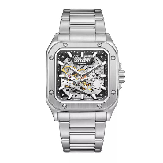 LeeCooper – EDWARD – LC08198 – Montre Homme – Analogique Mouvement Squelette Automatique – Boitier carré en métal argenté – Cadran squelette