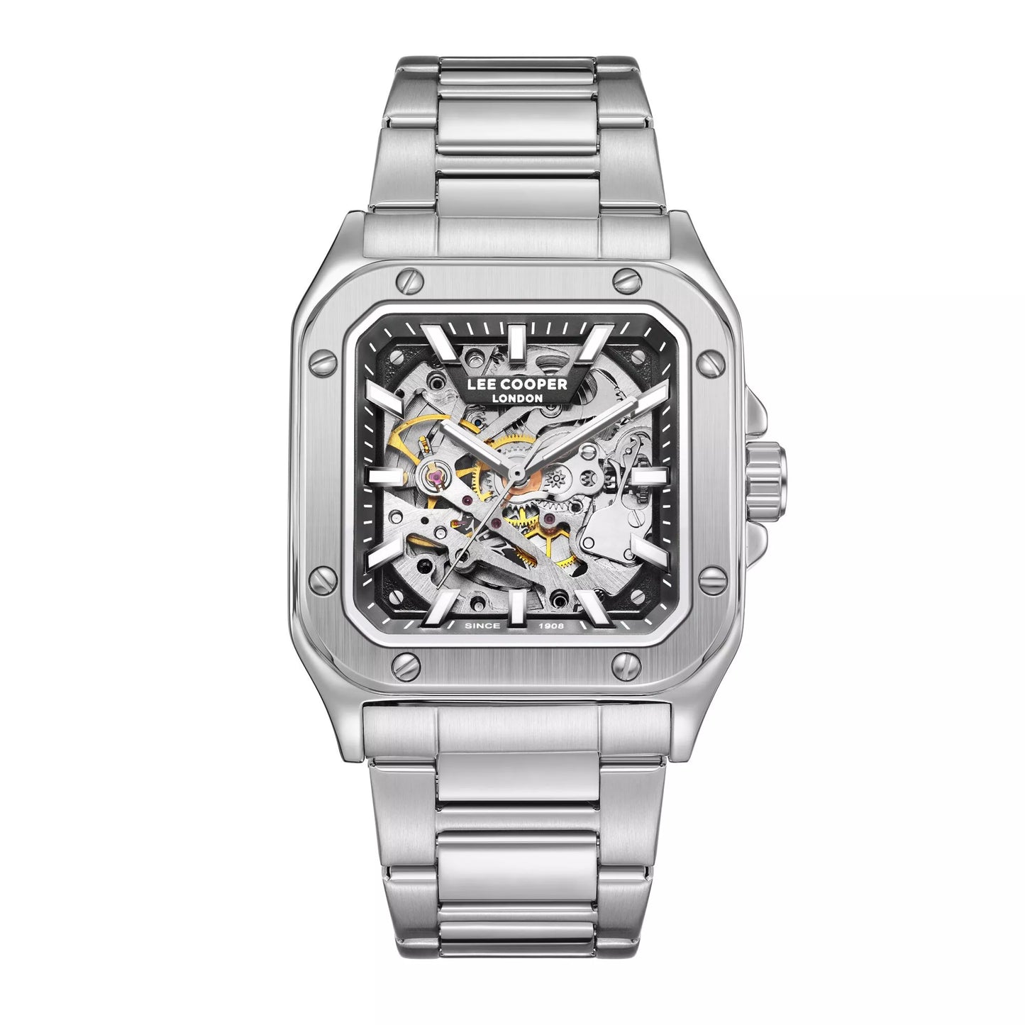 LeeCooper – EDWARD – LC08198 – Montre Homme – Analogique Mouvement Squelette Automatique – Boitier carré en métal argenté – Cadran squelette