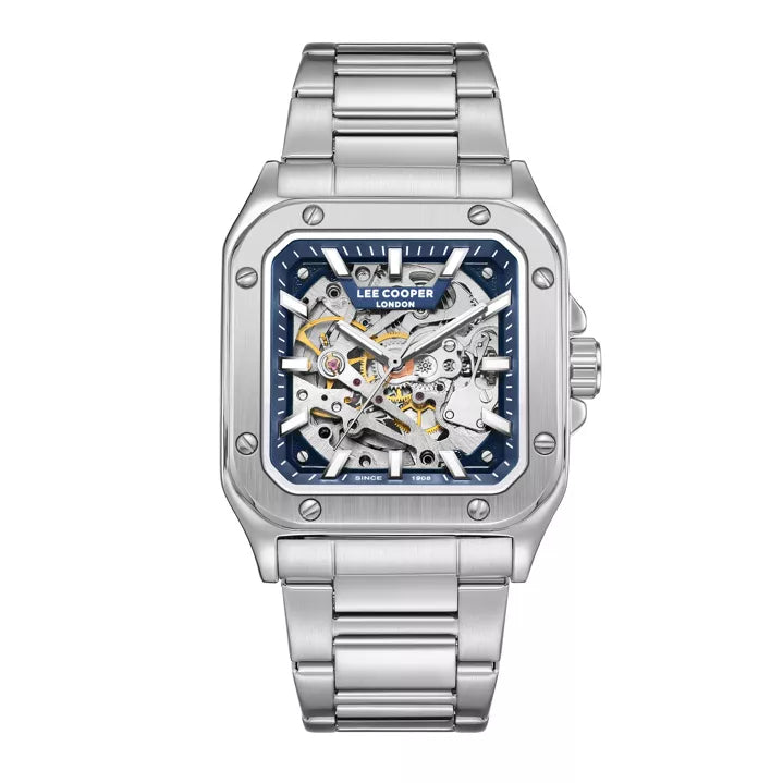 LeeCooper – EDWARD – LC08198 – Montre Homme – Analogique Mouvement Squelette Automatique – Boitier carré en métal argenté – Cadran squelette