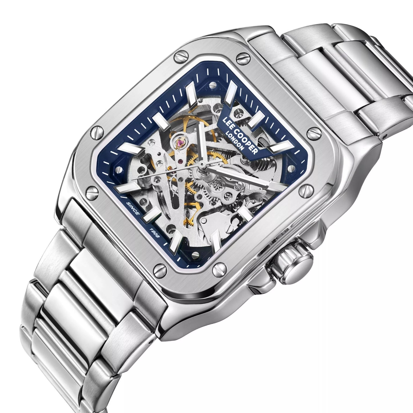 LeeCooper – EDWARD – LC08198 – Montre Homme – Analogique Mouvement Squelette Automatique – Boitier carré en métal argenté – Cadran squelette