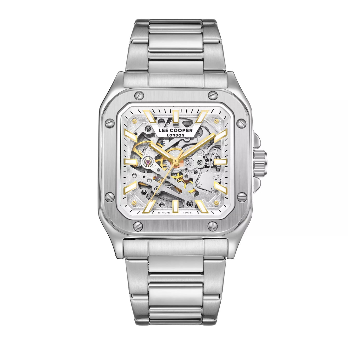 LeeCooper – EDWARD – LC08198 – Montre Homme – Analogique Mouvement Squelette Automatique – Boitier carré en métal argenté – Cadran squelette