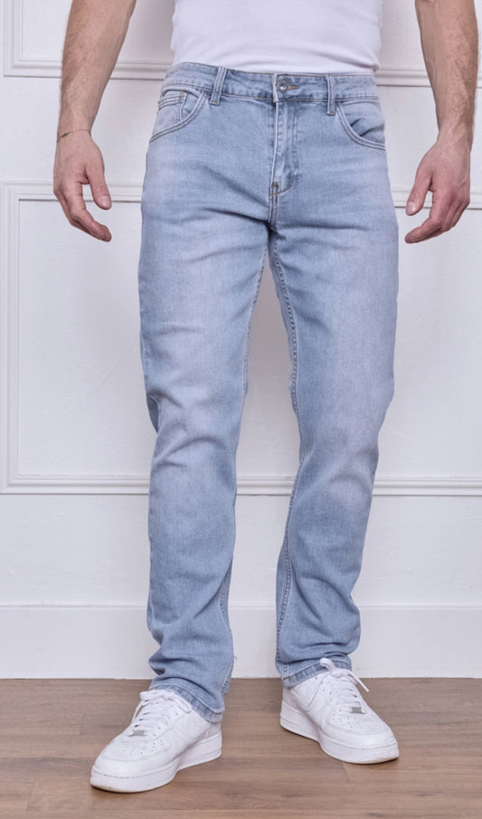 Jeans Coupe Droite Bleu Délavé
