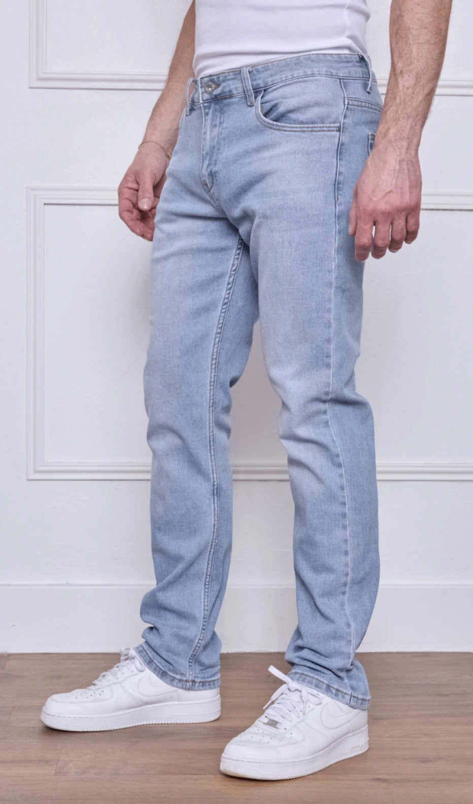 Jeans Coupe Droite Bleu Délavé