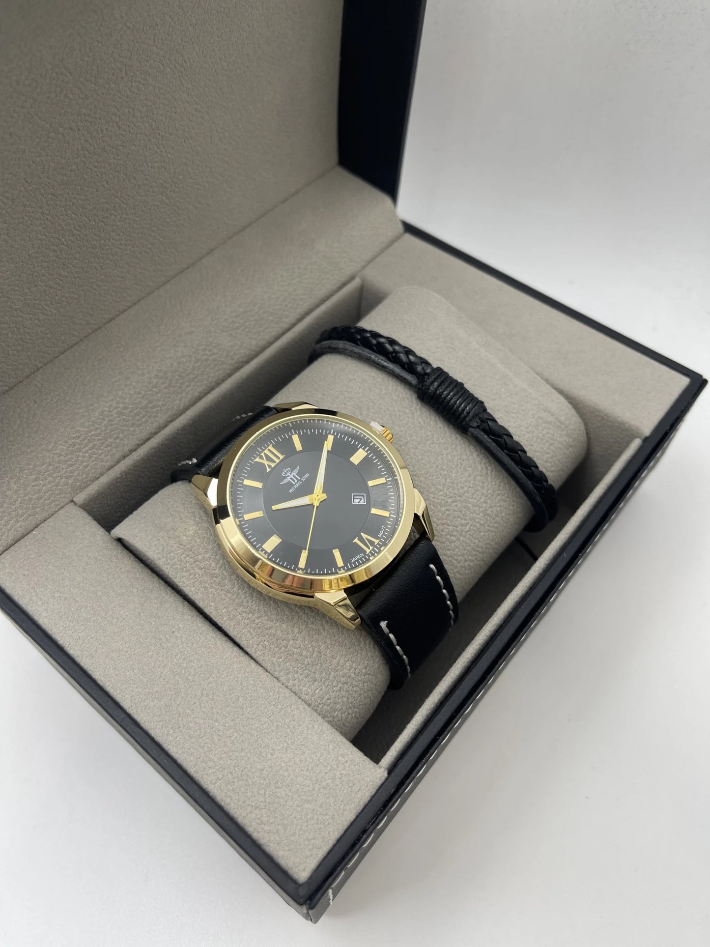 Coffret montre homme Michael John avec bijoux en acier