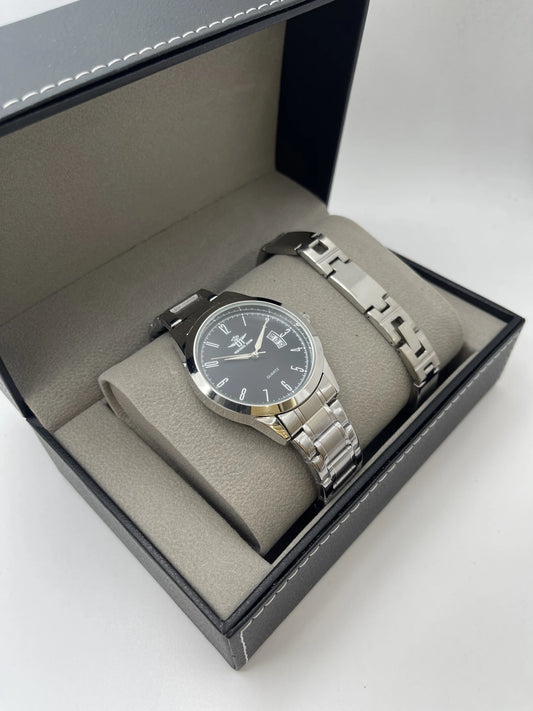 Coffret montre homme Michael John avec bijoux en acier