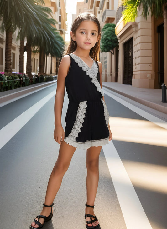 Combi-Short Uni Avec Bordure En Broderie Dentelle Fille