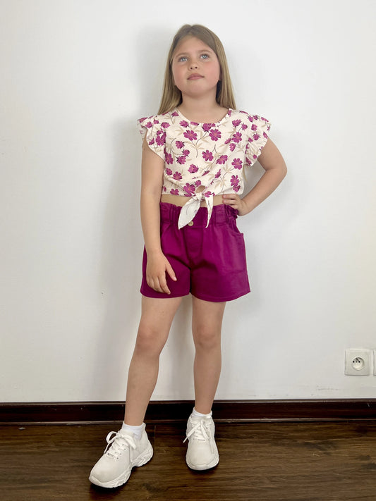 Ensemble top fleuri et short en coton pour fille