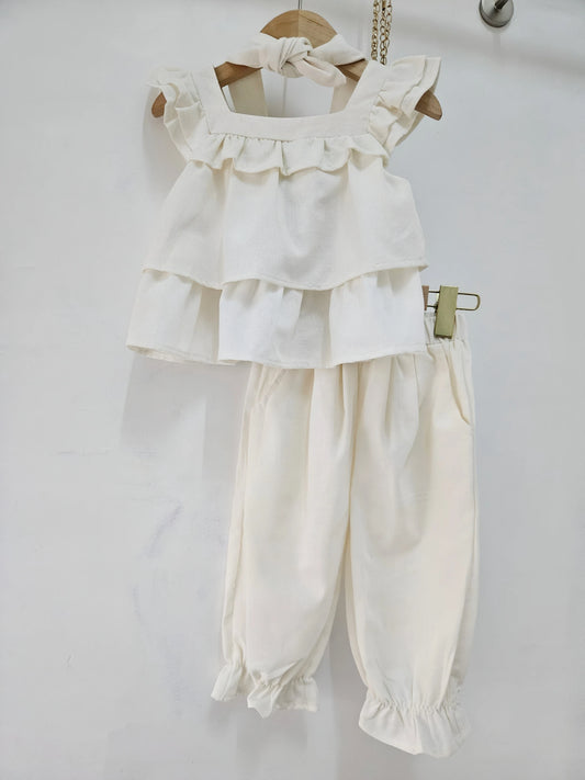 Ensemble Top Volants Sans Manche Avec Pantalon Ample Uni Et Bandeau Fille