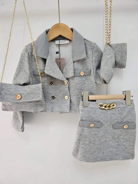 Ensemble Veste Crop Et Jupe Courte Texturé Et Boutons Avec Chaine Fille