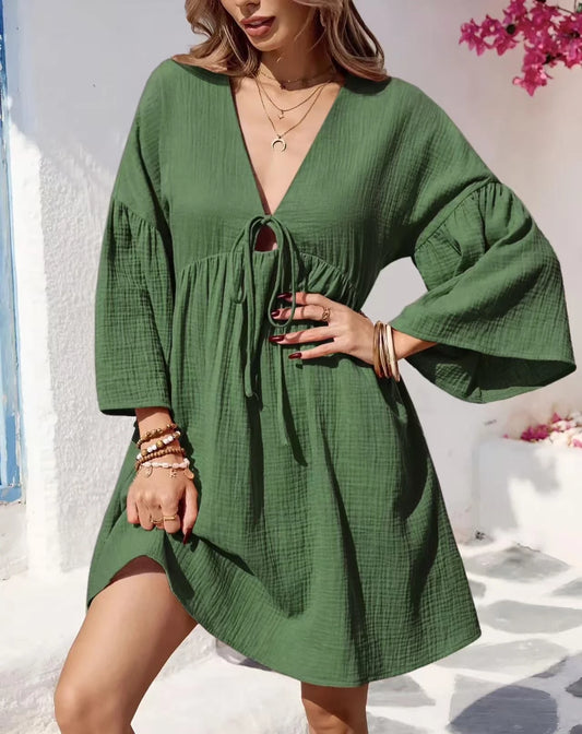 Robe en gaze de coton noué au col manches évasées