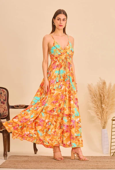 Robe longue en soie smock imprimé indien