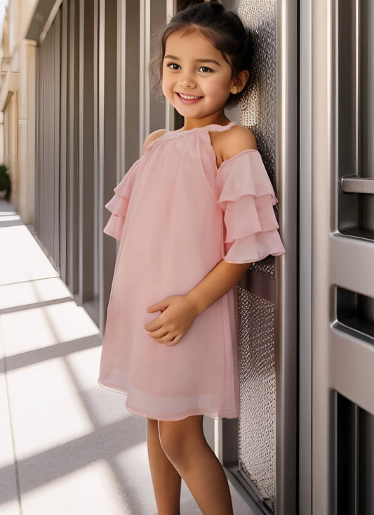 Robe Uni Perles Fluide Epaules Dénudées Manches Volants Légère Fille