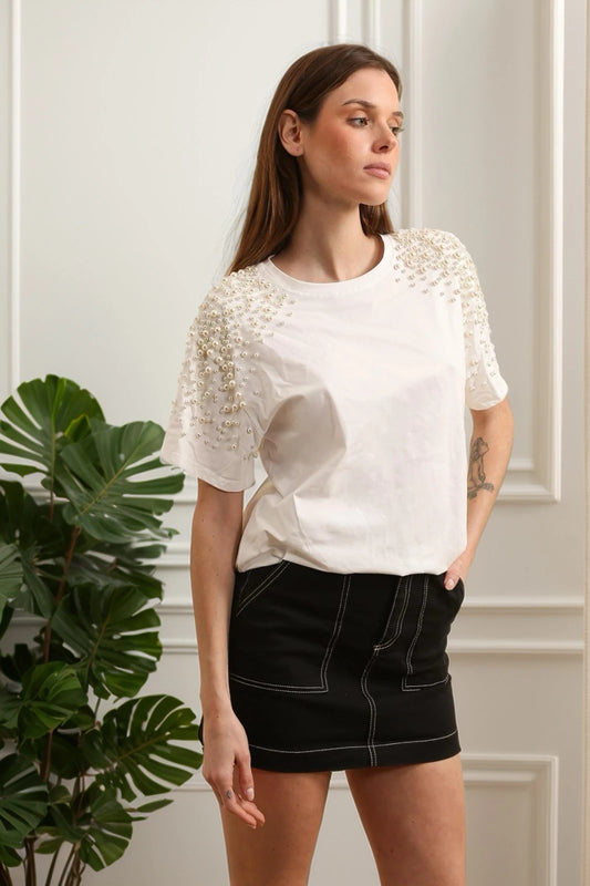 T-shirt en coton avec perles féminin