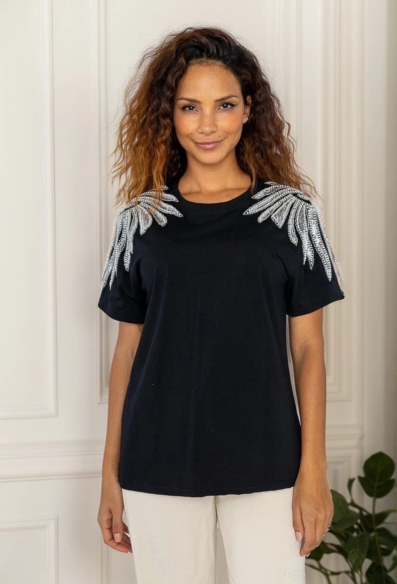 T-shirt en coton avec strasses et perles ailes d'ange