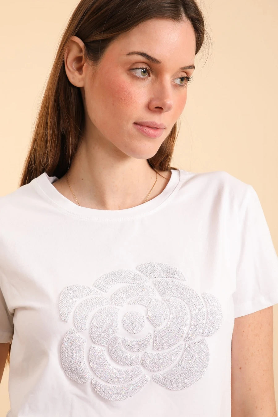 T-shirt en coton fleur roses en sequin