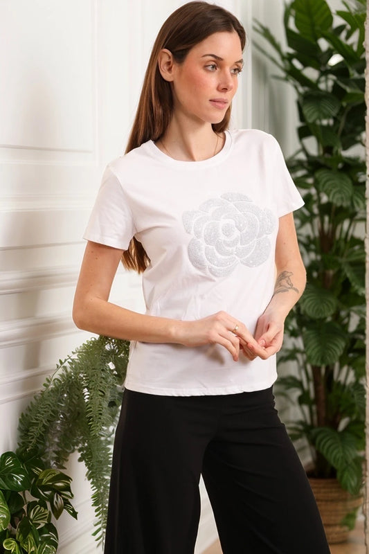 T-shirt en coton fleur roses en sequin