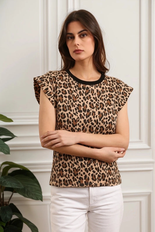 T-shirt en coton strasses imprimé léopard manche chauve souris féminin chic