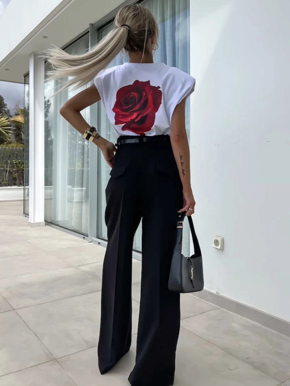TSHIRT Coton à épaulettes à Imprimé Rose au Dos
