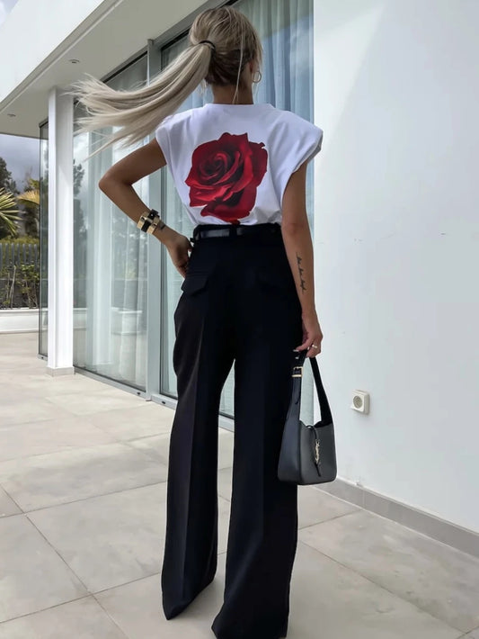 TSHIRT Coton à épaulettes à Imprimé Rose au Dos