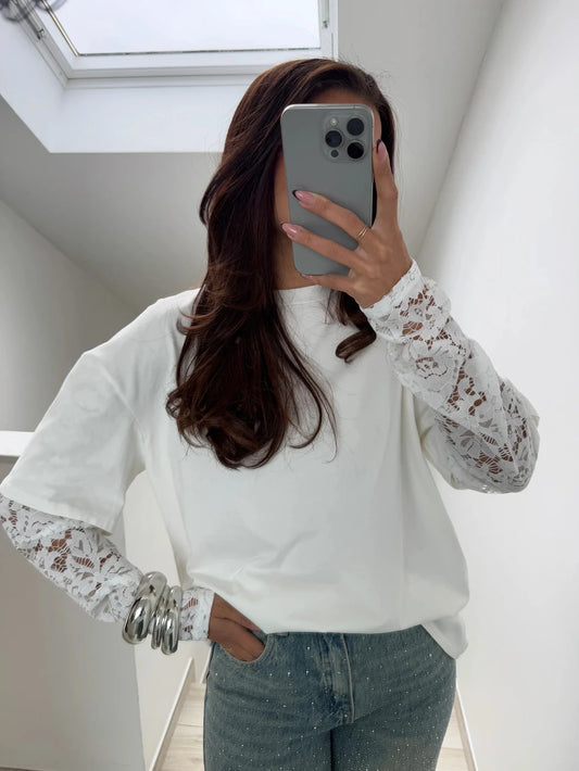 Tshirt manches dentelles en coton oversize tendance